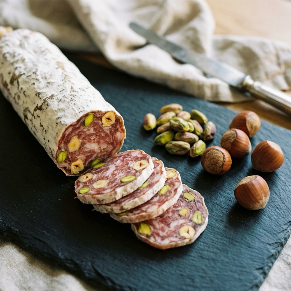 Luftgetrocknete französische Salami mit Pistazien und Haselnüssen