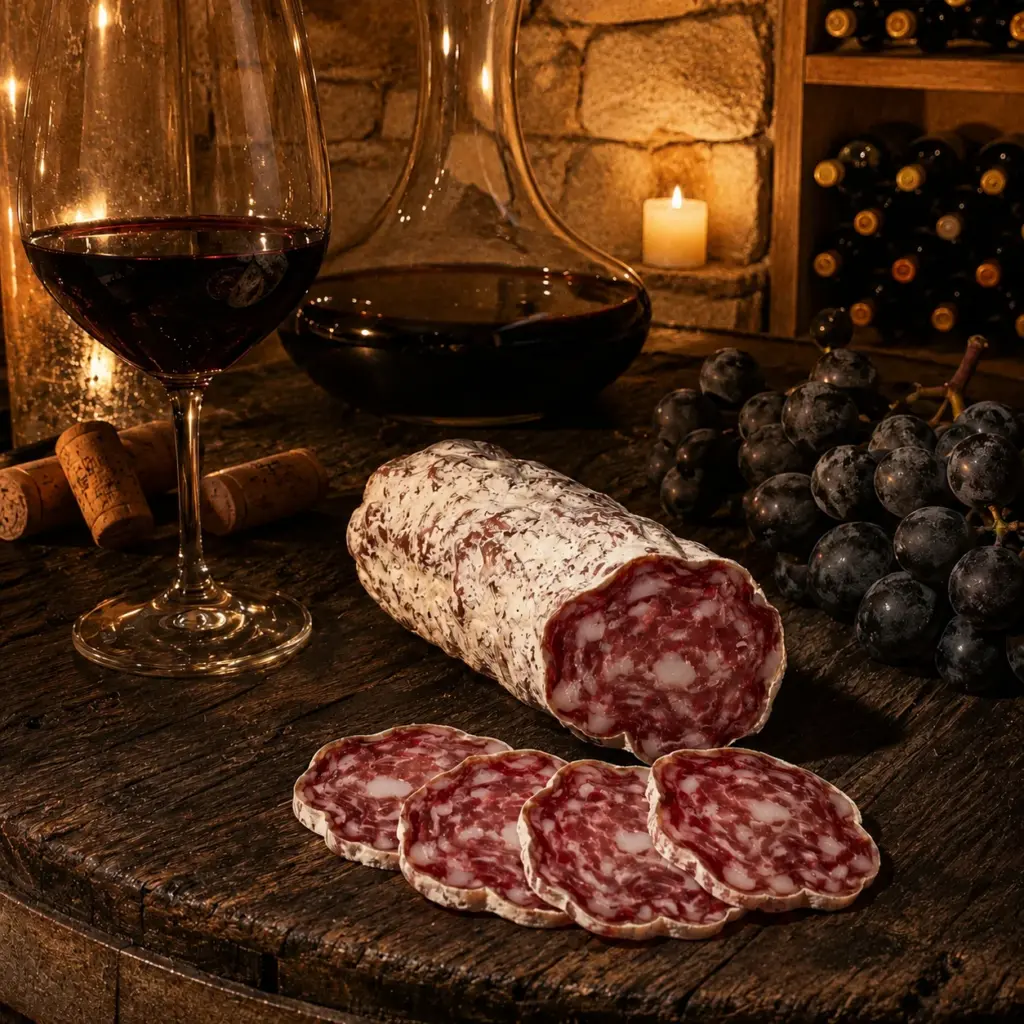 Luftgetrocknete französische Salami mit Rotwein